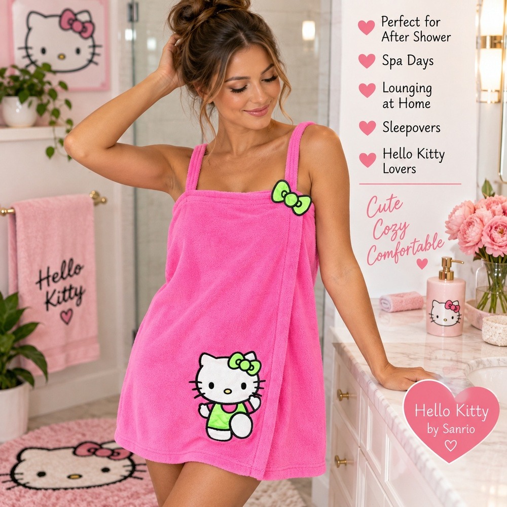 Hello Kitty Sanrio Womens L XL Pink Terry Bath Spa Wrap Towel Robe Green Bow